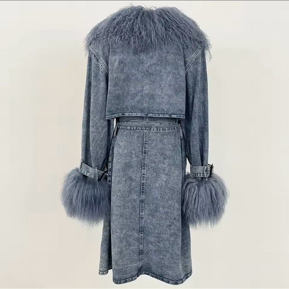 NWT Stylish Denim Coat with Faux Fur Trim - Picture 3 of 3